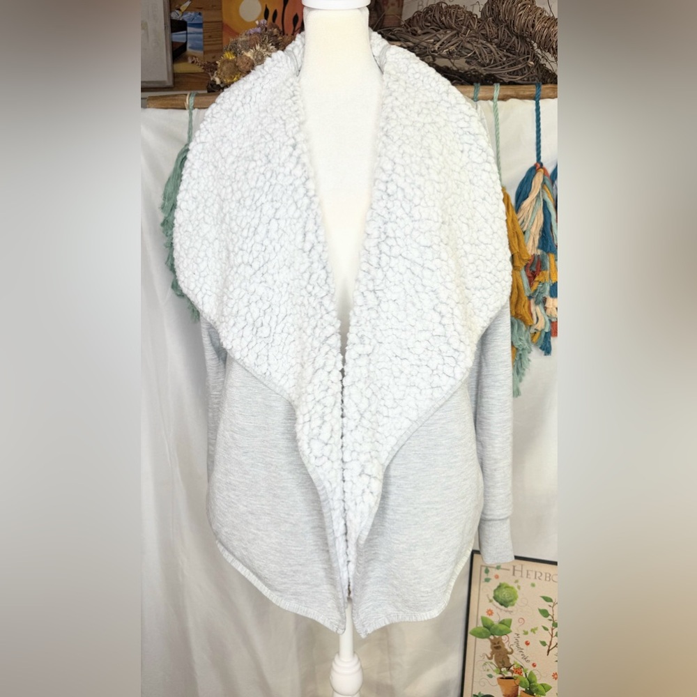 Avia Sherpa Lined Open Front Cardigan Jacket Gray Women’s Small Cozy Soft